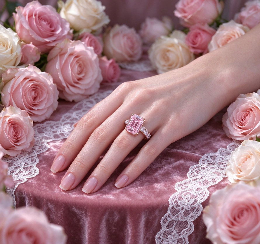 Zircon and pink rhinestone ring