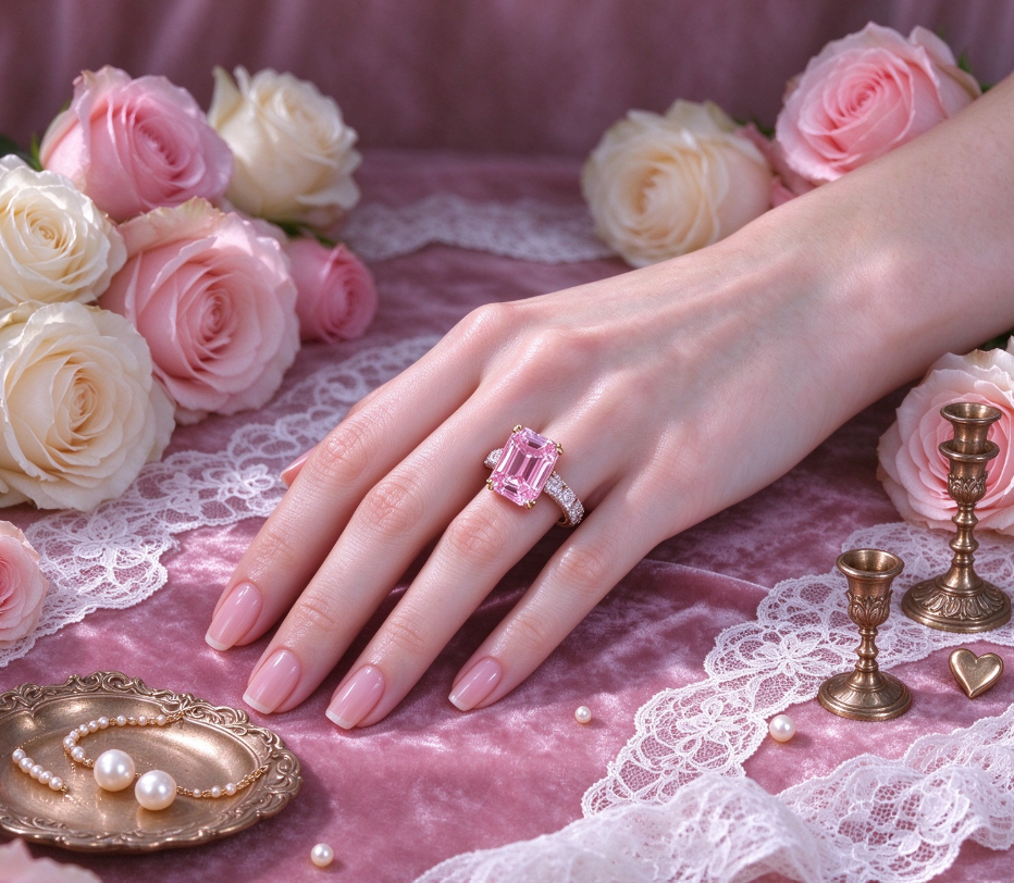 Zircon and pink rhinestone ring