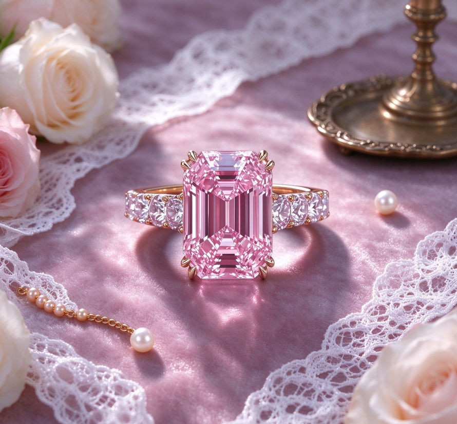 Zircon and pink rhinestone ring