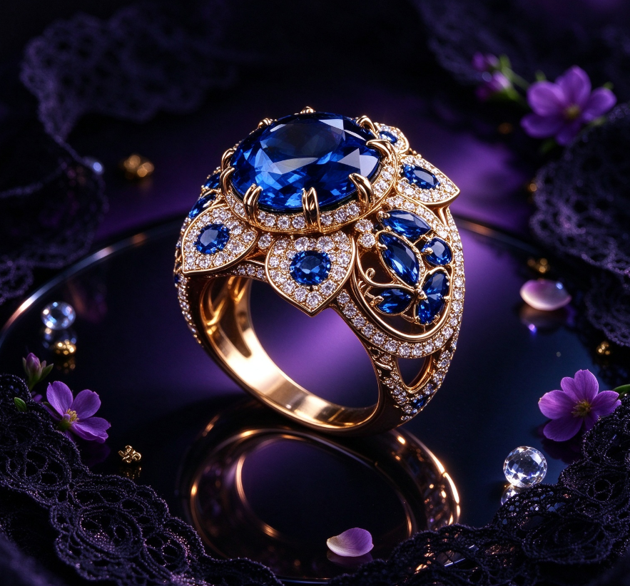 Une bague élégante au style classique ornée d'une pierre précieuse bleue en forme de fleur.