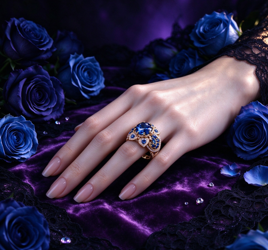 Une bague élégante au style classique ornée d'une pierre précieuse bleue en forme de fleur.
