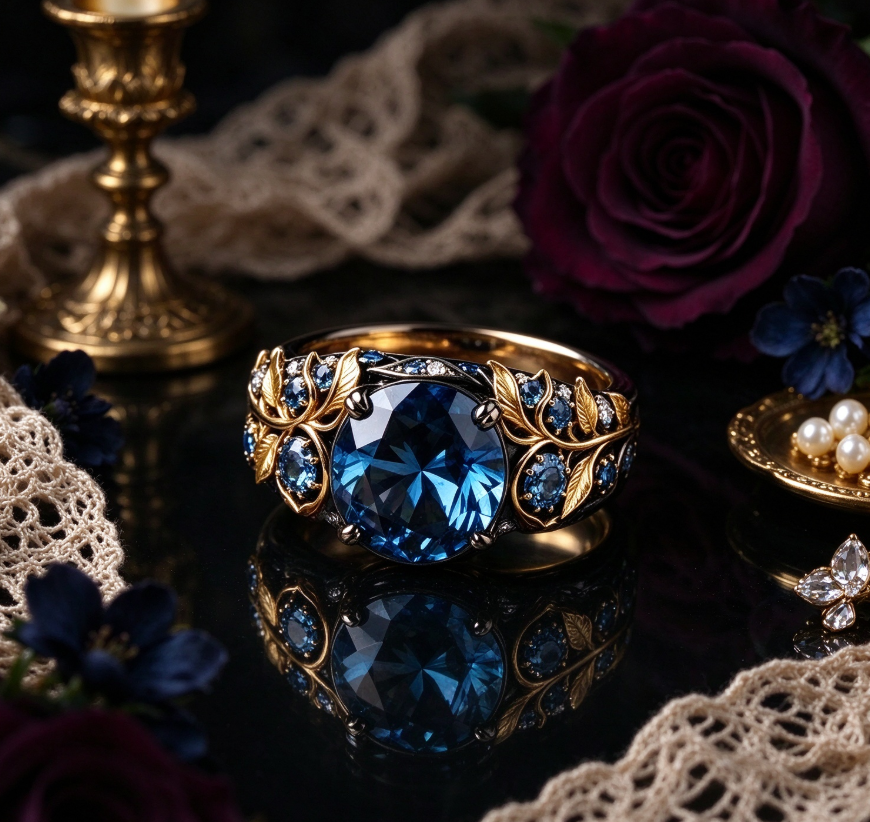 Zirconia and blue rhinestone ring