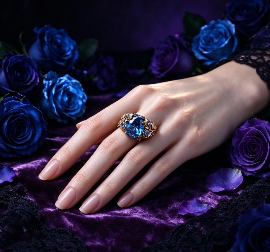 Zirconia and blue rhinestone ring