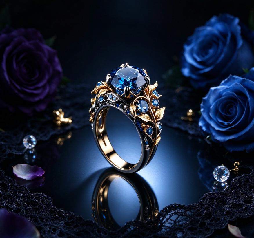 Zirconia and blue rhinestone ring