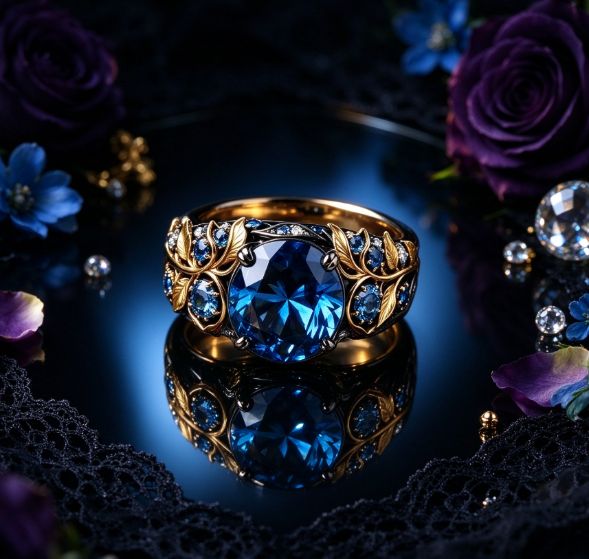 Zirconia and blue rhinestone ring