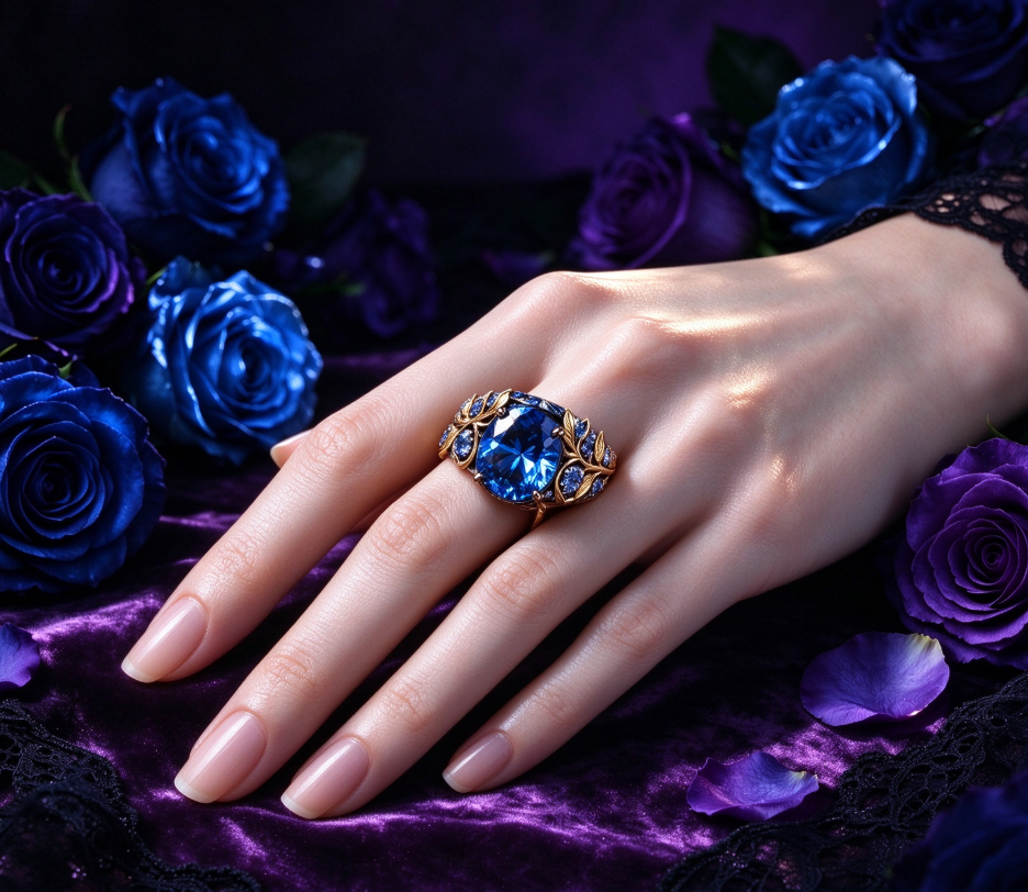 Zirconia and blue rhinestone ring