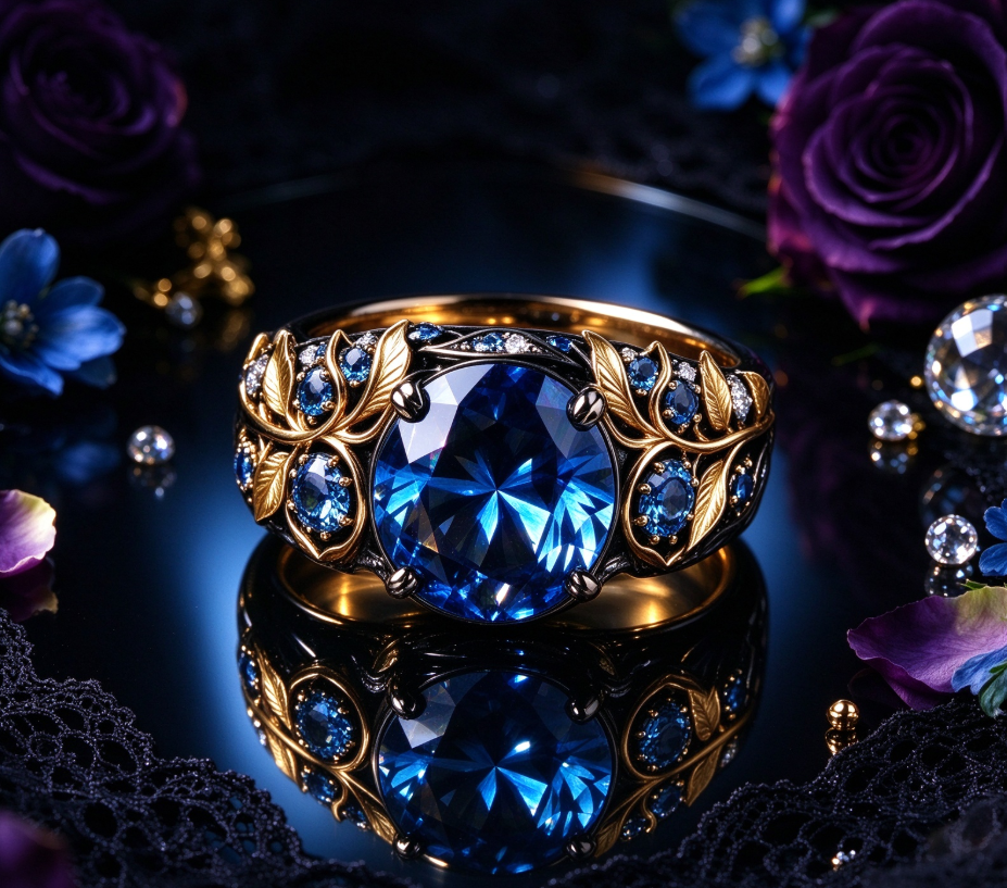 Zirconia and blue rhinestone ring