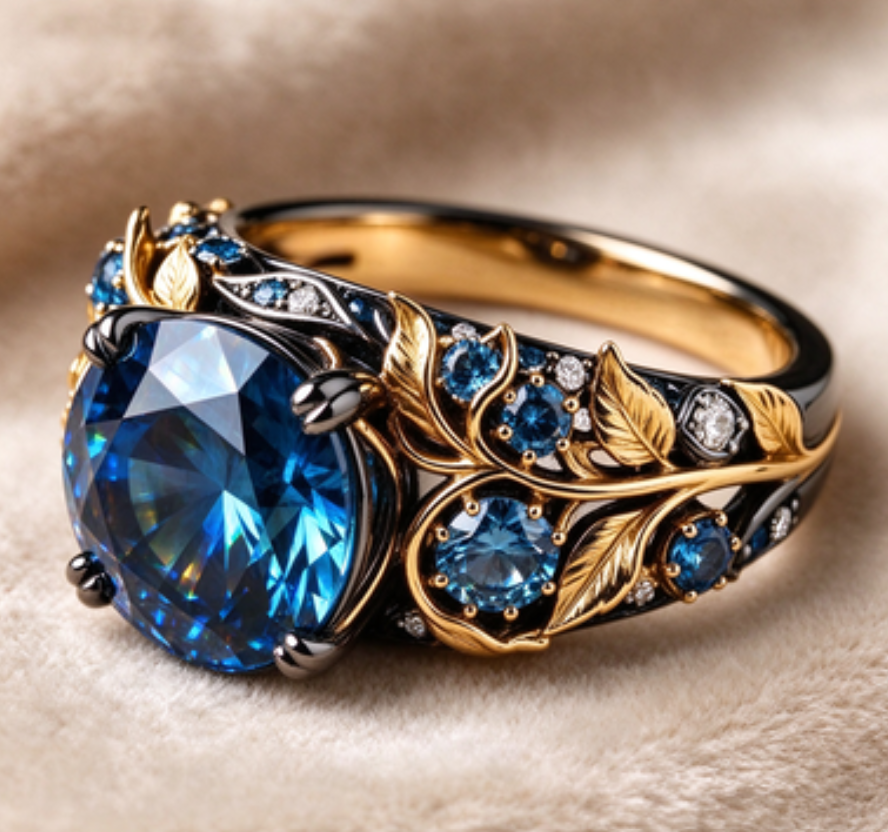 Zirconia and blue rhinestone ring