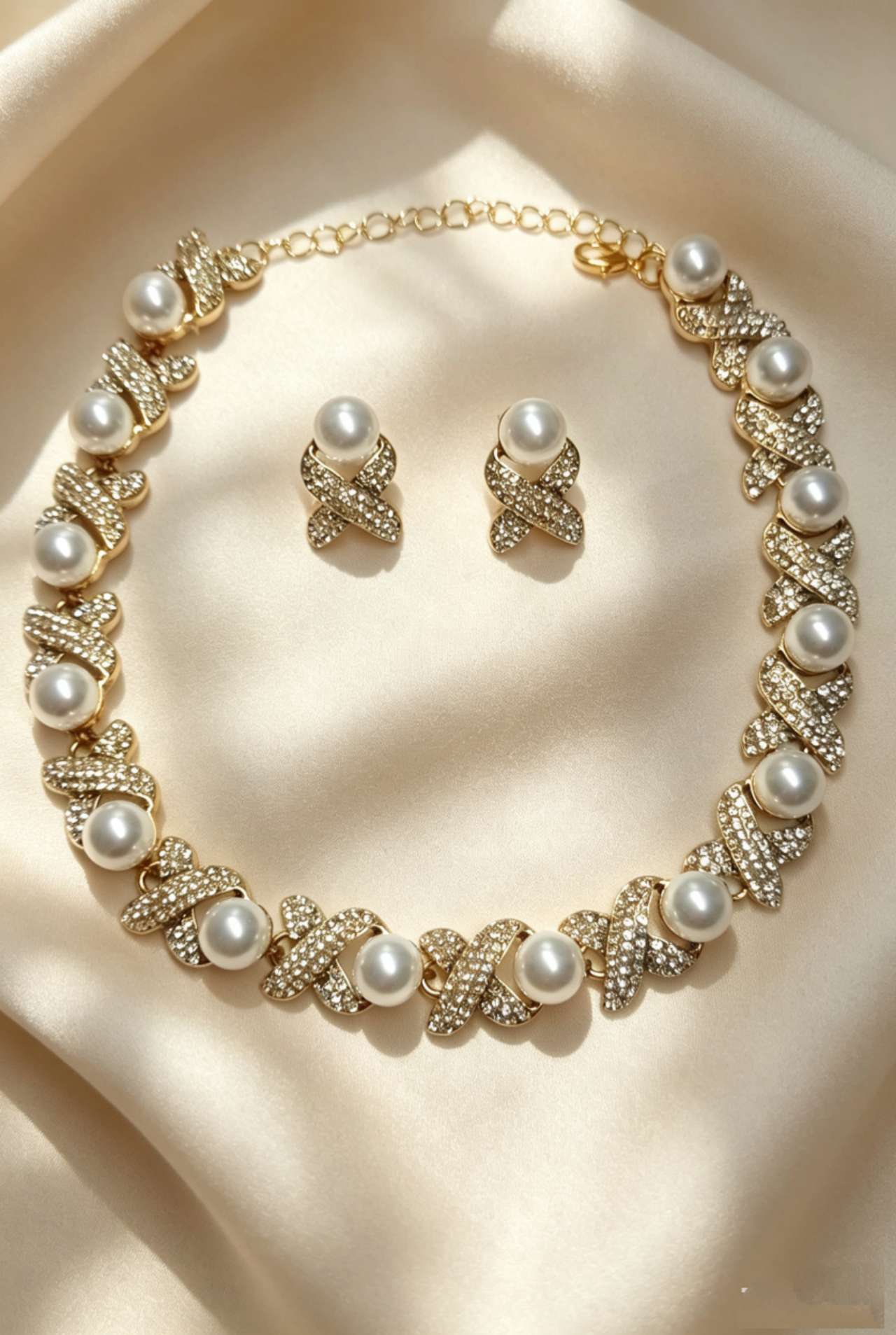X-Shape Pave Crystal & Imitation Pearl Jewelry Set, Hypoallergenic Adjustable Necklace & Stud Earrings for Wedding Party