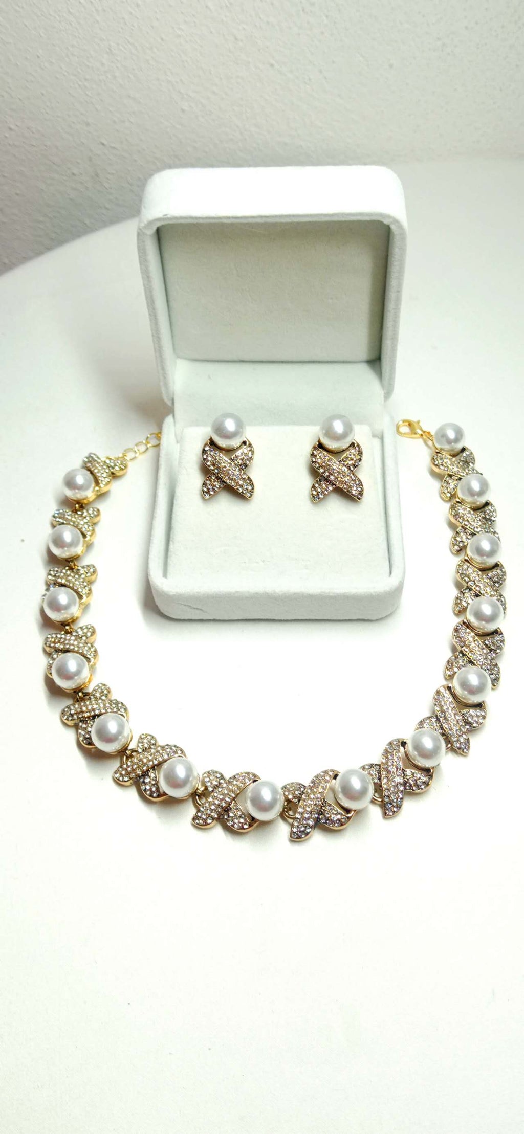 X-Shape Pave Crystal & Imitation Pearl Jewelry Set, Hypoallergenic Adjustable Necklace & Stud Earrings for Wedding Party