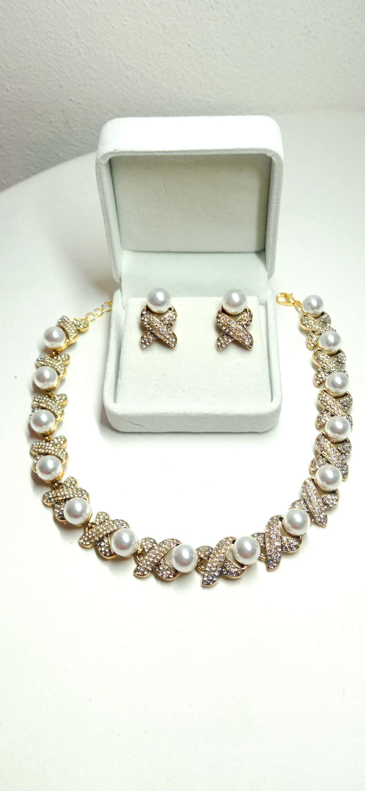 X-Shape Pave Crystal & Imitation Pearl Jewelry Set, Hypoallergenic Adjustable Necklace & Stud Earrings for Wedding Party