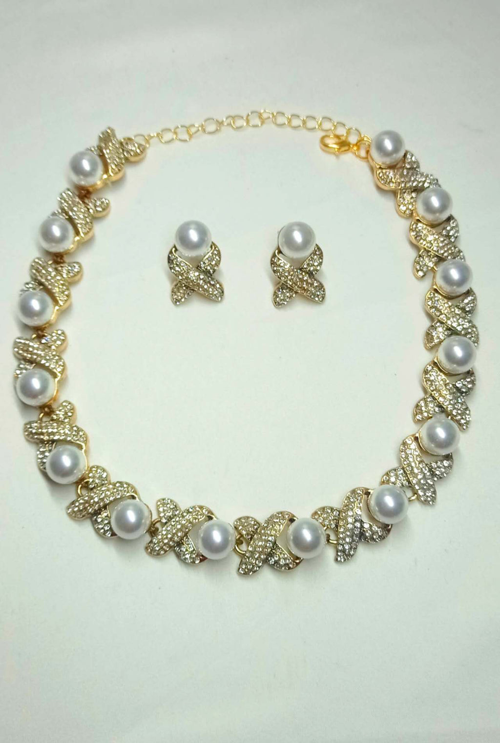 X-Shape Pave Crystal & Imitation Pearl Jewelry Set, Hypoallergenic Adjustable Necklace & Stud Earrings for Wedding Party