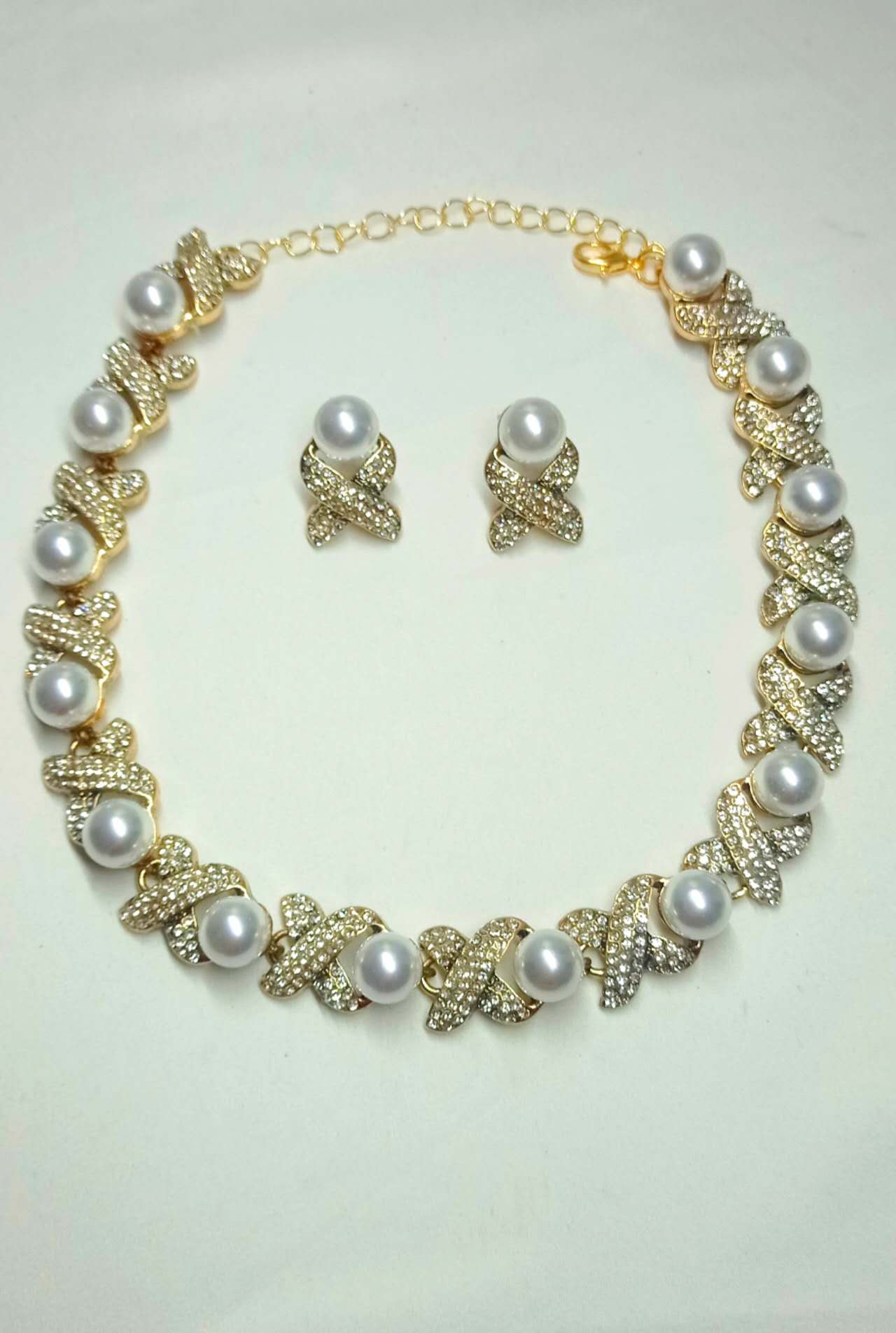 X-Shape Pave Crystal & Imitation Pearl Jewelry Set, Hypoallergenic Adjustable Necklace & Stud Earrings for Wedding Party