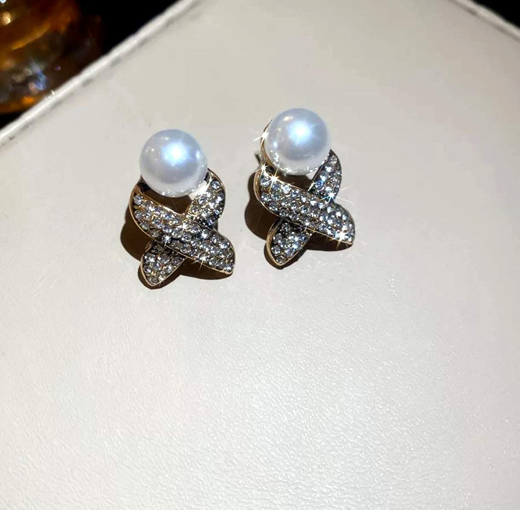 X-Shape Pave Crystal & Imitation Pearl Jewelry Set, Hypoallergenic Adjustable Necklace & Stud Earrings for Wedding Party