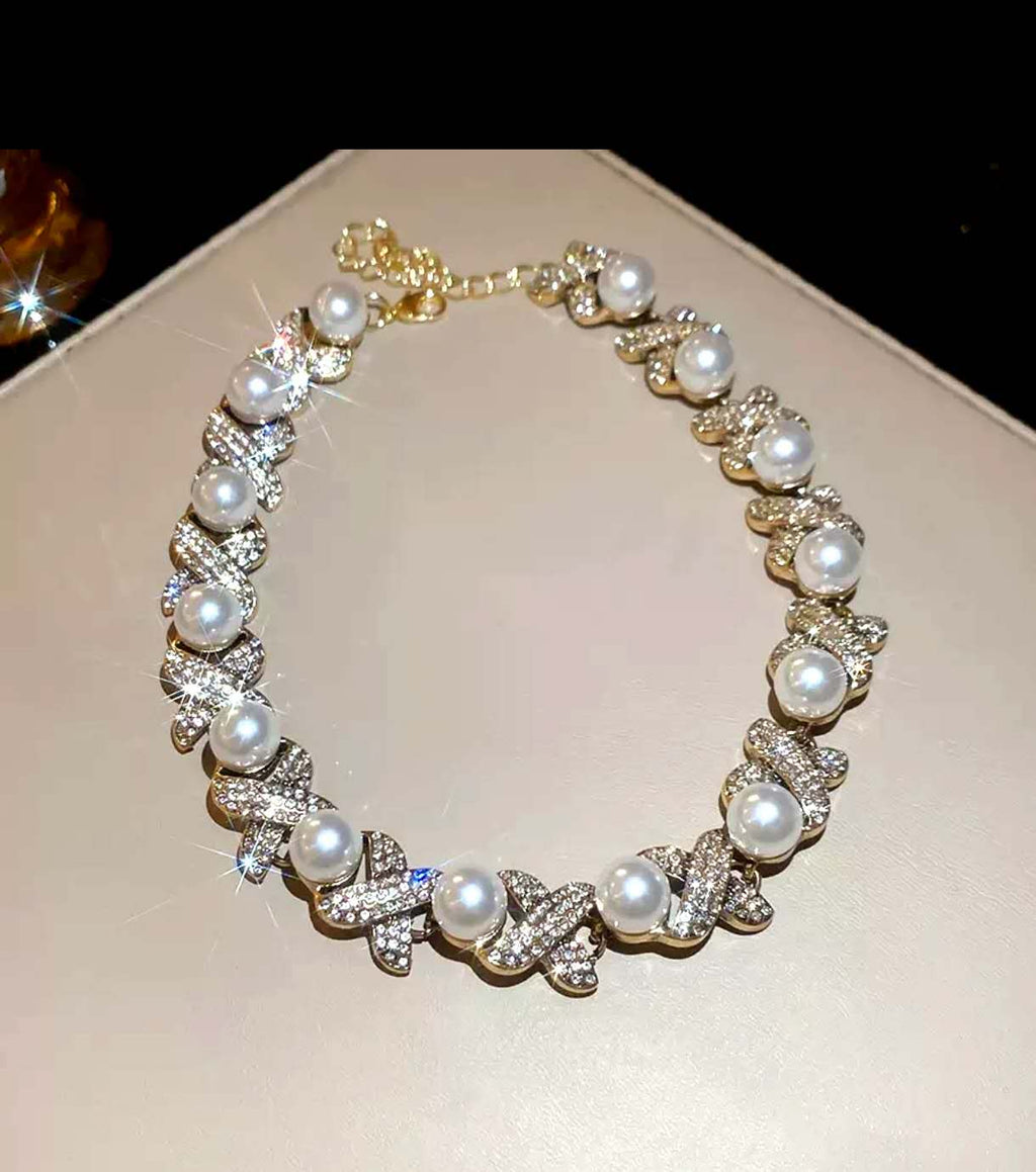 X-Shape Pave Crystal & Imitation Pearl Jewelry Set, Hypoallergenic Adjustable Necklace & Stud Earrings for Wedding Party