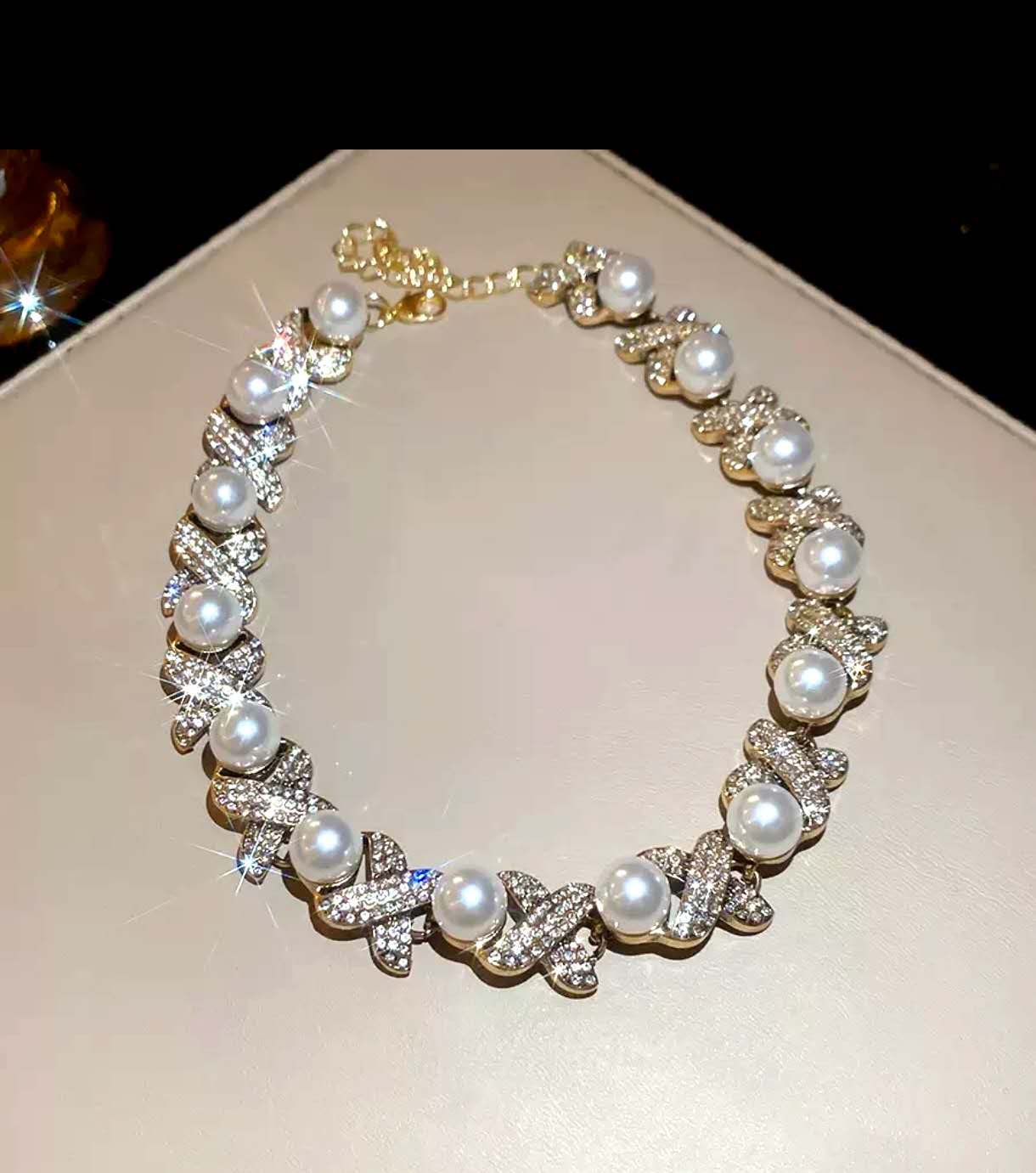X-Shape Pave Crystal & Imitation Pearl Jewelry Set, Hypoallergenic Adjustable Necklace & Stud Earrings for Wedding Party