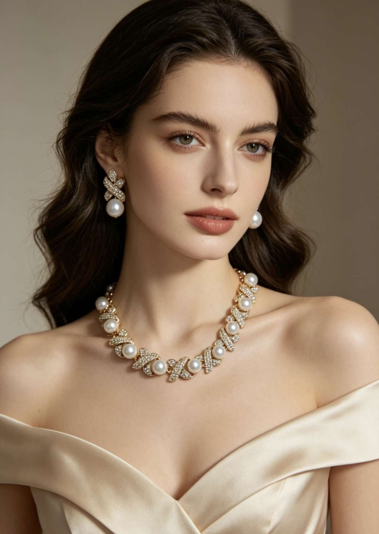 X-Shape Pave Crystal & Imitation Pearl Jewelry Set, Hypoallergenic Adjustable Necklace & Stud Earrings for Wedding Party