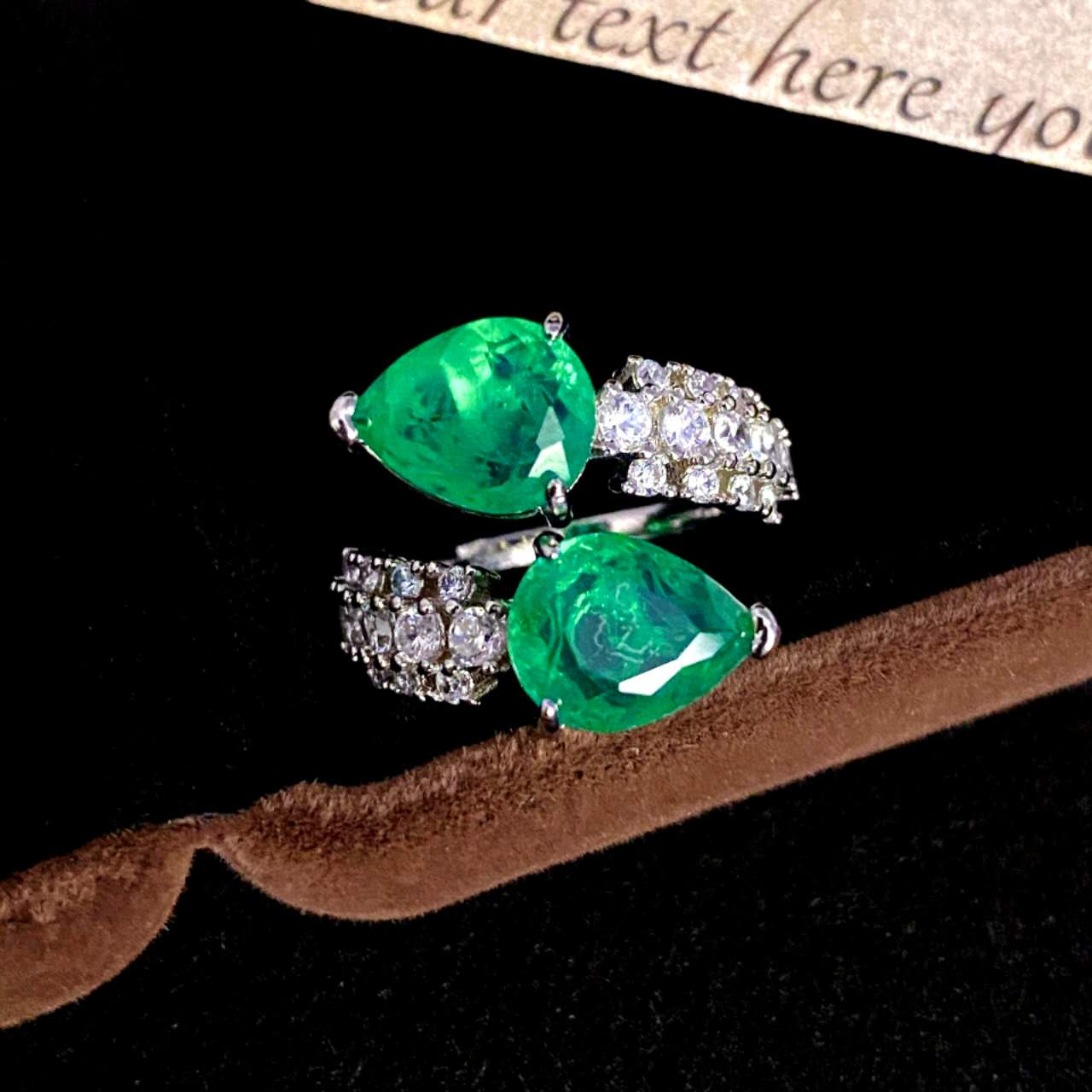 Pear Cut Emerald Green Zircon Bypass Ring, Adjustable Open Band Hypoallergenic Cocktail Statement Ring for Women