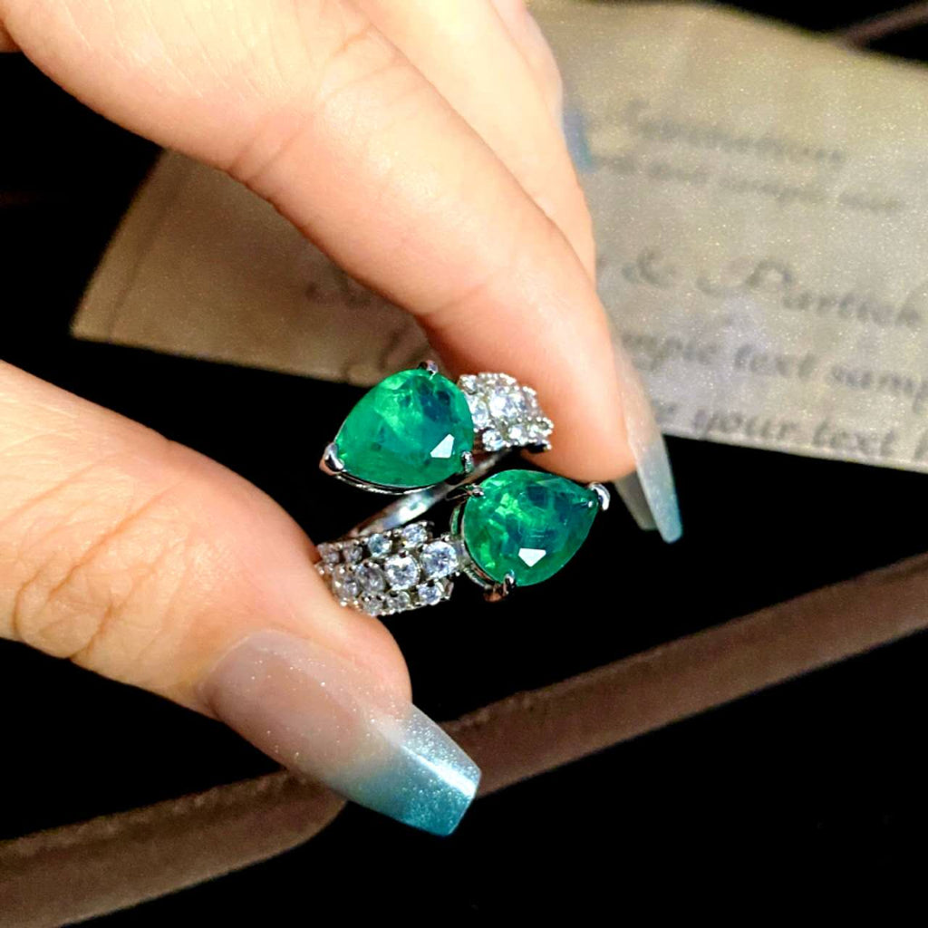 Bague ajustable ouverte zircon vert émeraude taille poire, hypoallergénique, anneau de cocktail pour femmes