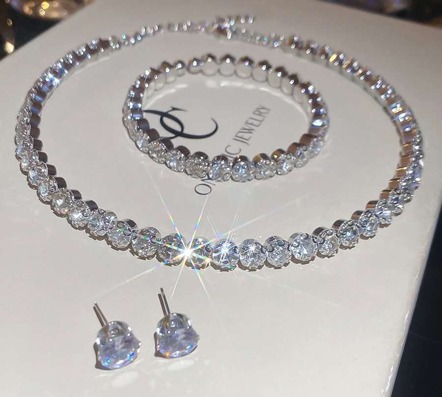 AAA Shiny Zircon Jewelry Set, Necklace+Bracelet+Stud Earrings, Hypoallergenic