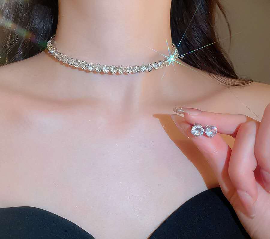 AAA Shiny Zircon Jewelry Set, Necklace+Bracelet+Stud Earrings, Hypoallergenic