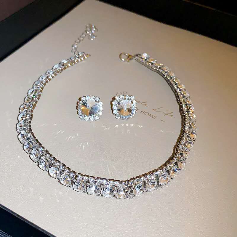 AAA Round Zircon Jewelry Set, Choker Necklace & Stud Earrings, Hypoallergenic Party Accessories