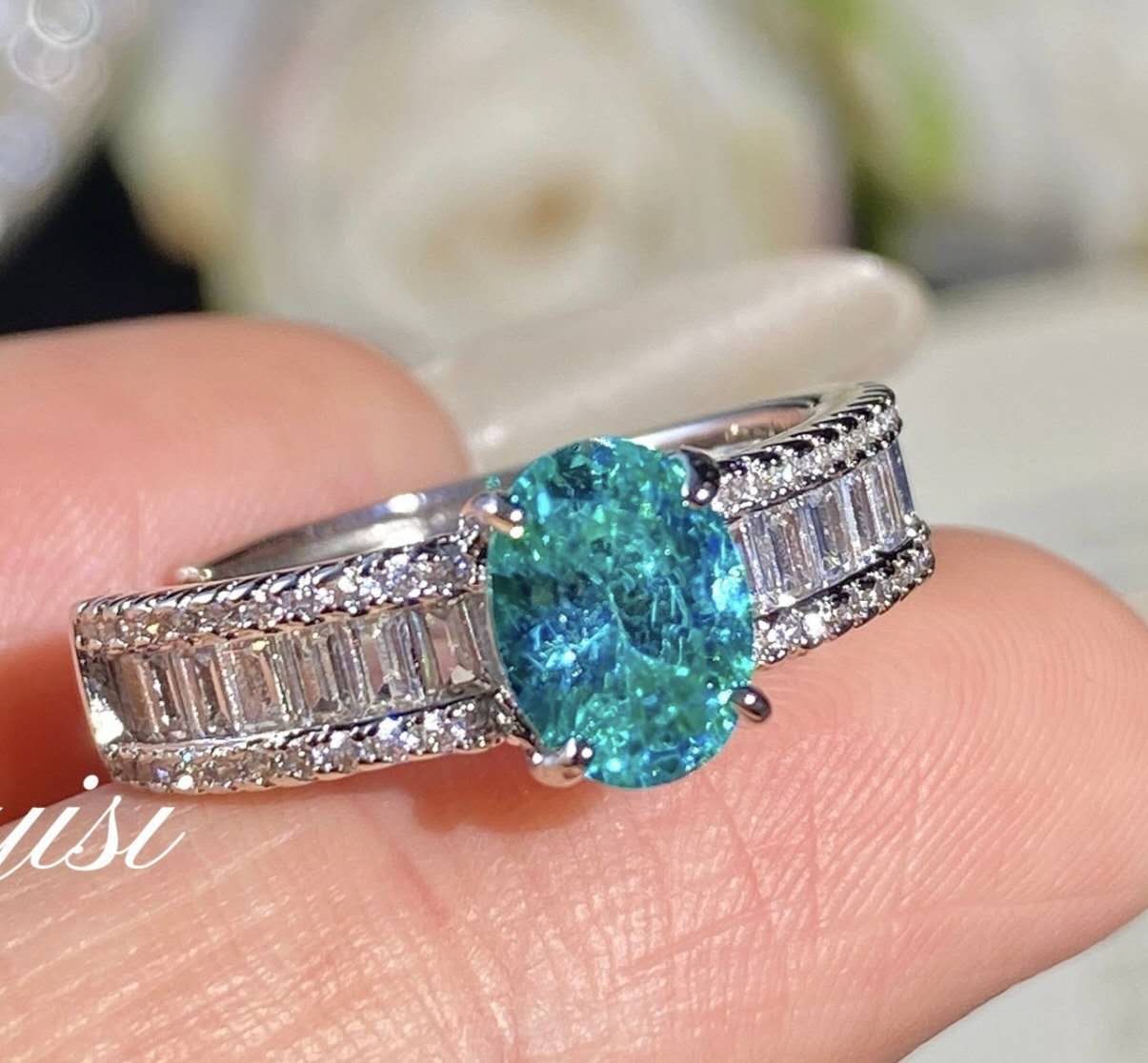 Oval Teal Blue Zircon Split Shank Adjustable Ring