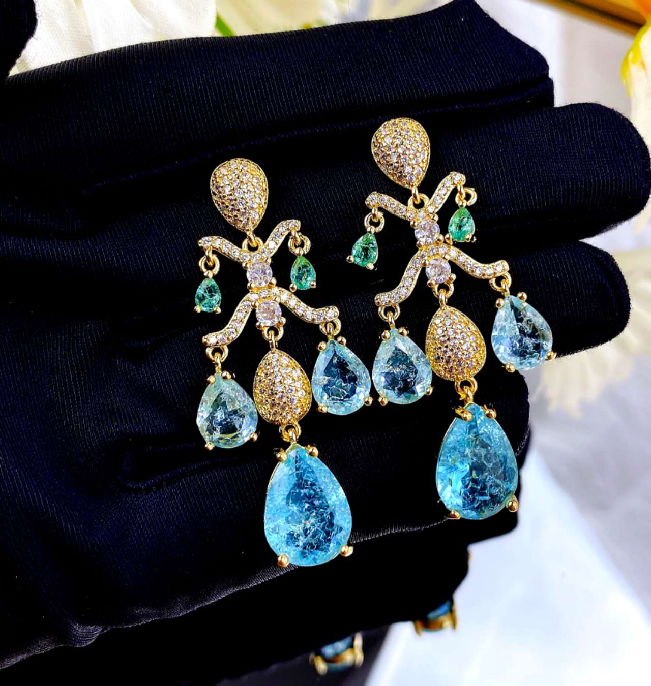 Vintage Pear Cut Emerald Blue Zircon Tassel Drop Earrings, Hypoallergenic Gold Plated Chandelier Wedding Dangle Earrings