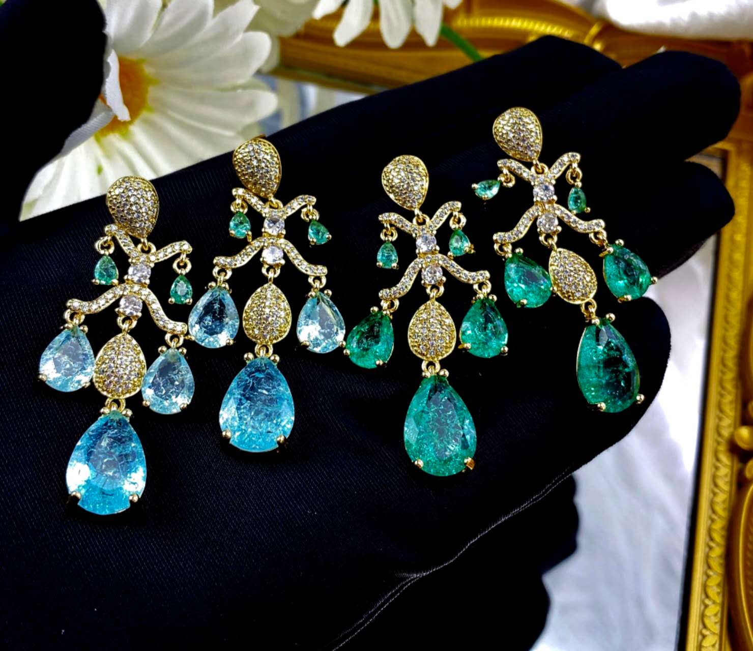 Vintage Pear Cut Emerald Blue Zircon Tassel Drop Earrings, Hypoallergenic Gold Plated Chandelier Wedding Dangle Earrings