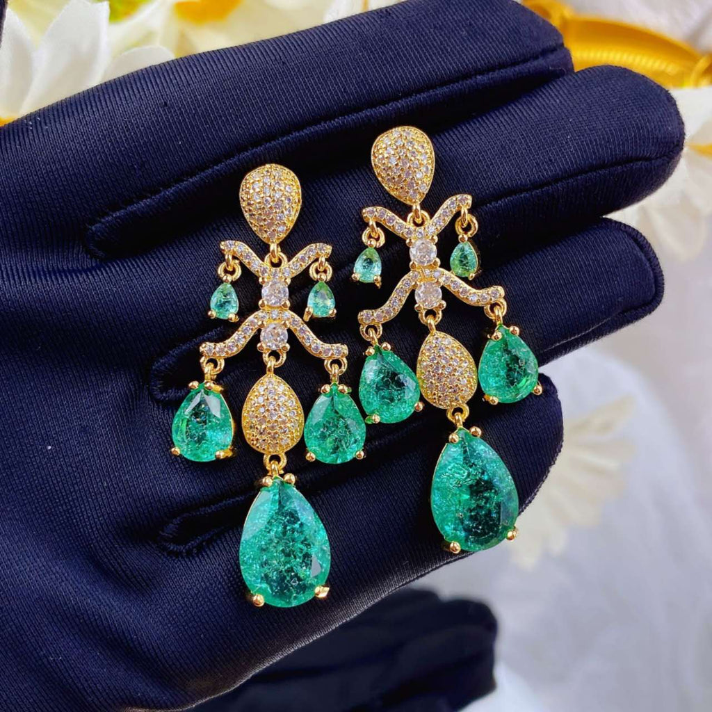 Vintage Pear Cut Emerald Blue Zircon Tassel Drop Earrings, Hypoallergenic Gold Plated Chandelier Wedding Dangle Earrings