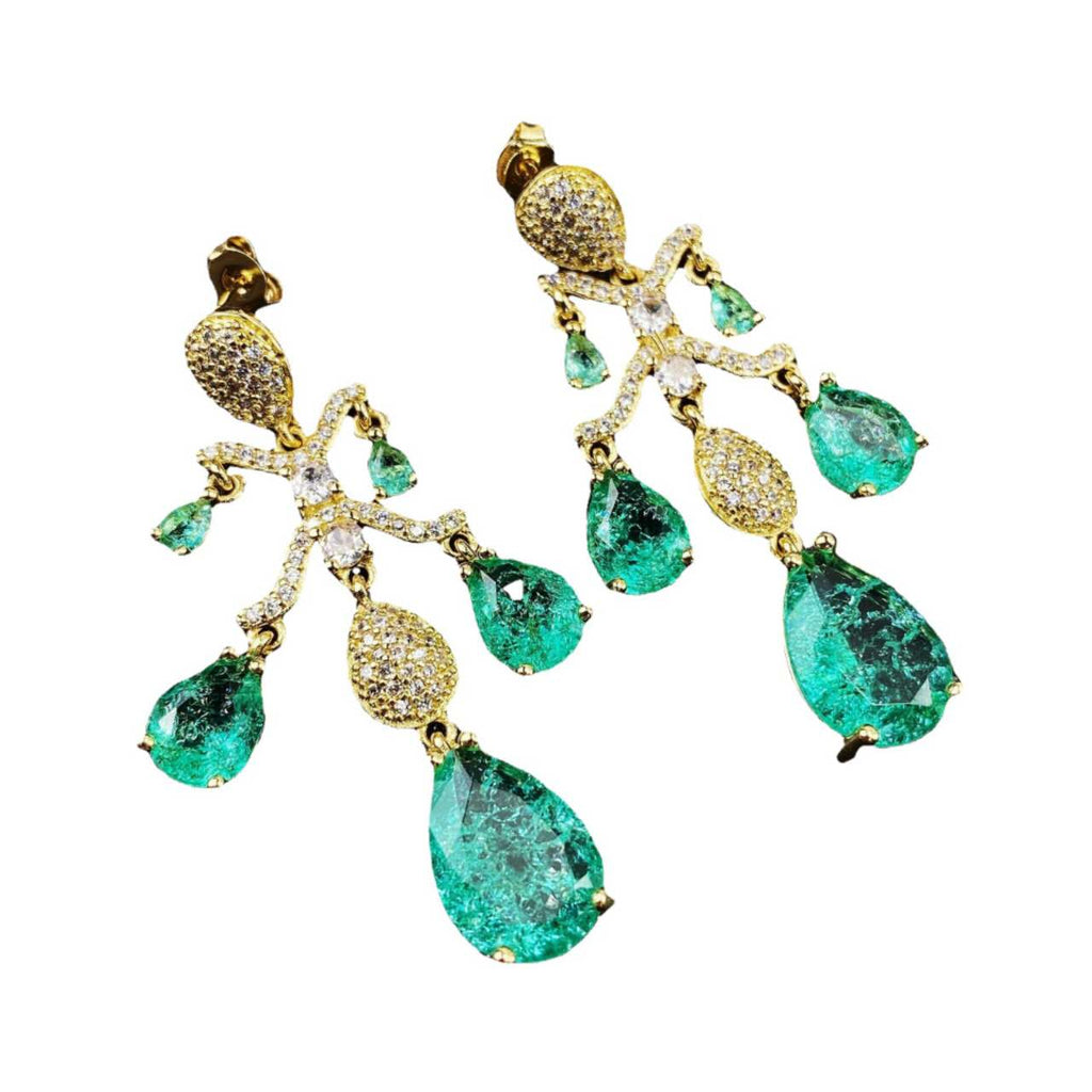 Vintage Pear Cut Emerald Blue Zircon Tassel Drop Earrings, Hypoallergenic Gold Plated Chandelier Wedding Dangle Earrings