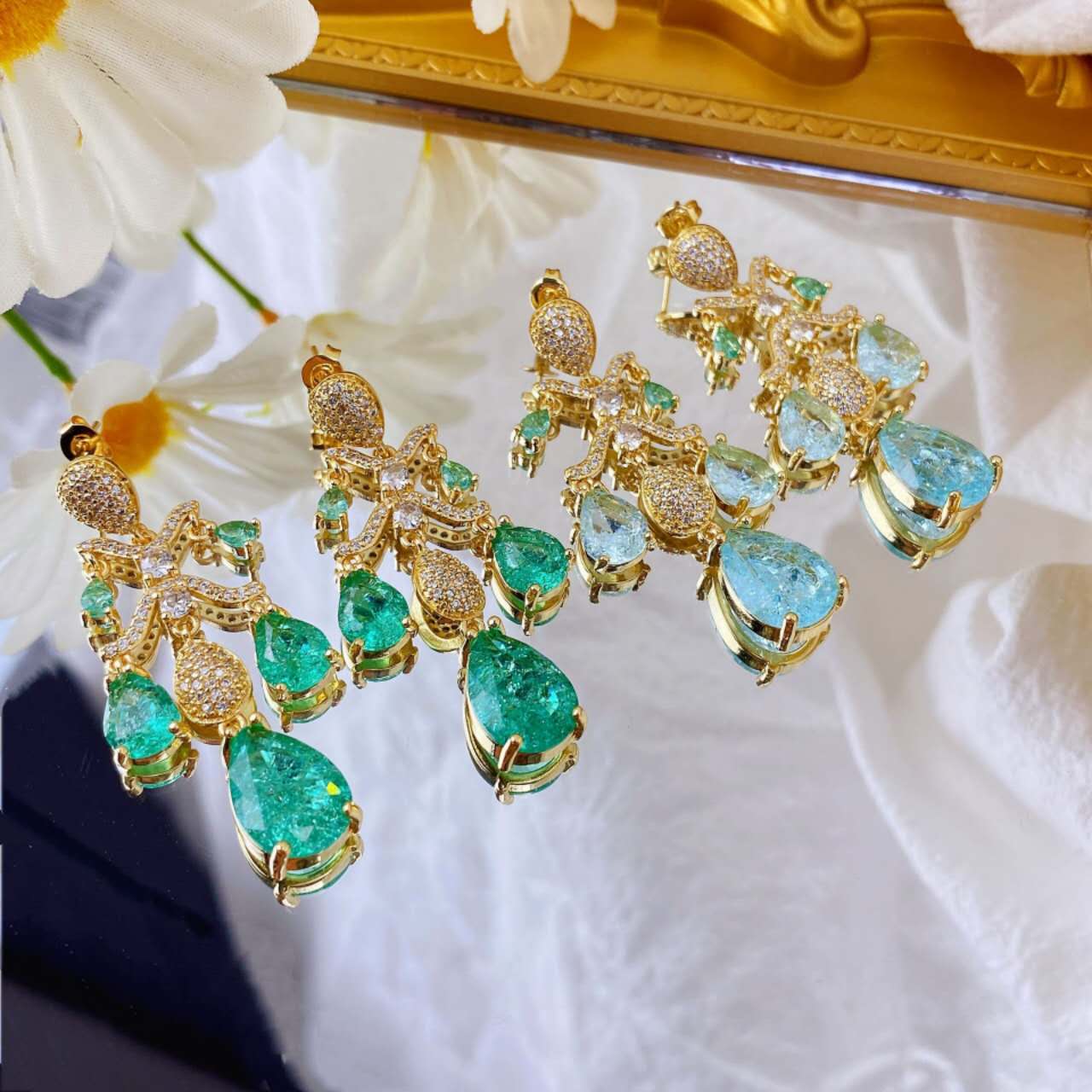 Vintage Pear Cut Emerald Blue Zircon Tassel Drop Earrings, Hypoallergenic Gold Plated Chandelier Wedding Dangle Earrings