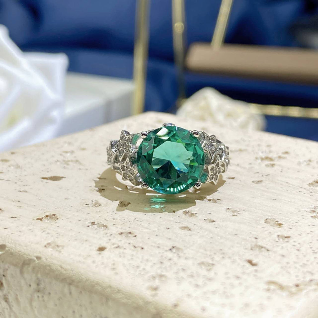 Round Emerald Green Zircon Star Open Adjustable Ring
