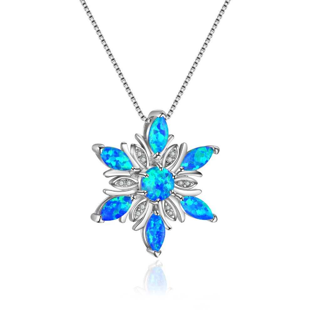 Opal Snowflake Pendant Necklace, 2 Colors, Silver Plated
