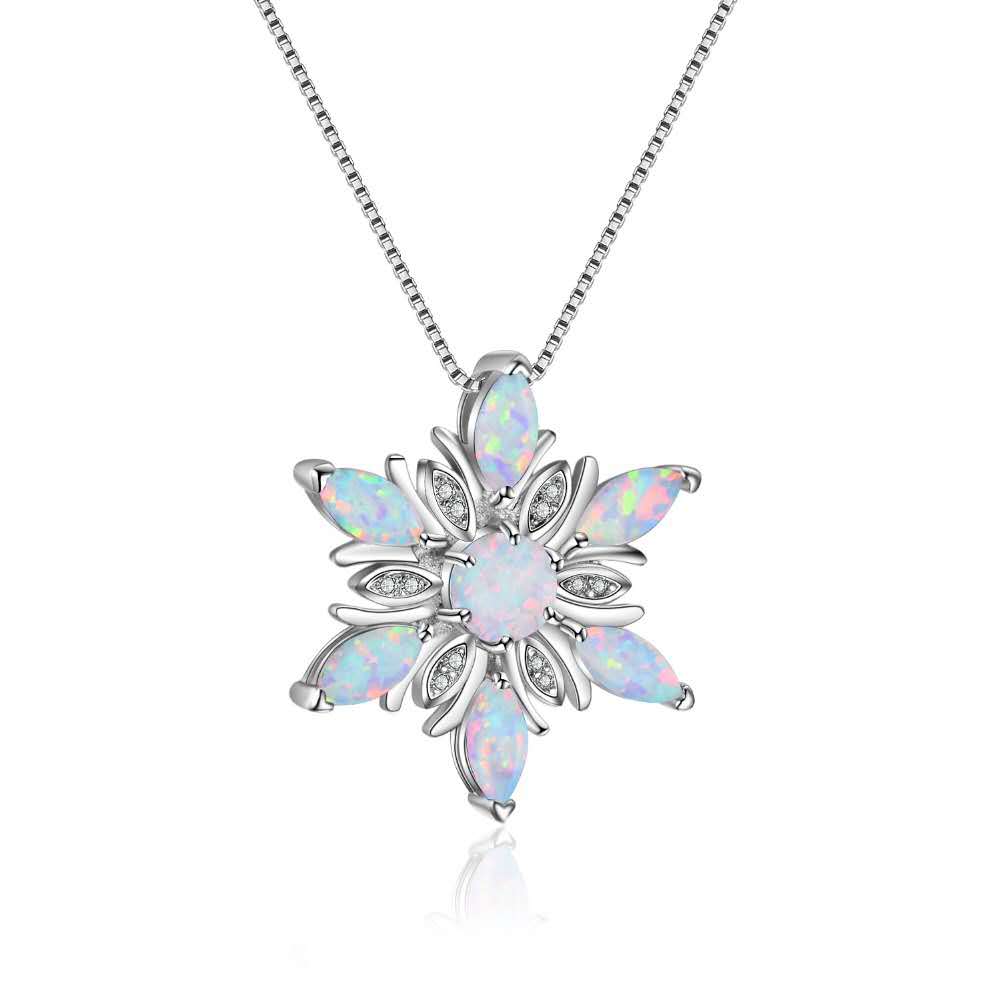 Opal Snowflake Pendant Necklace, 2 Colors, Silver Plated