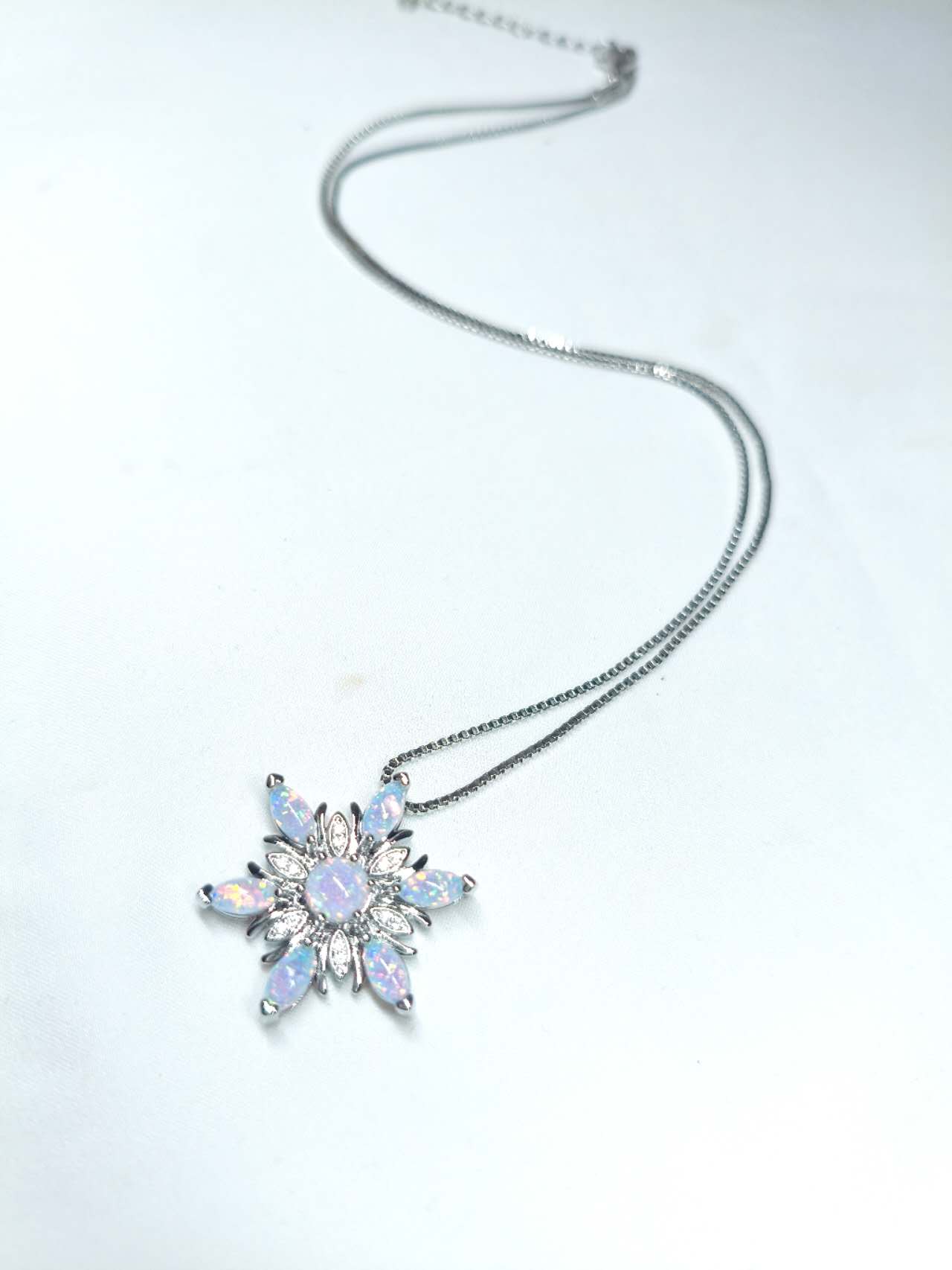 Opal Snowflake Pendant Necklace, 2 Colors, Silver Plated