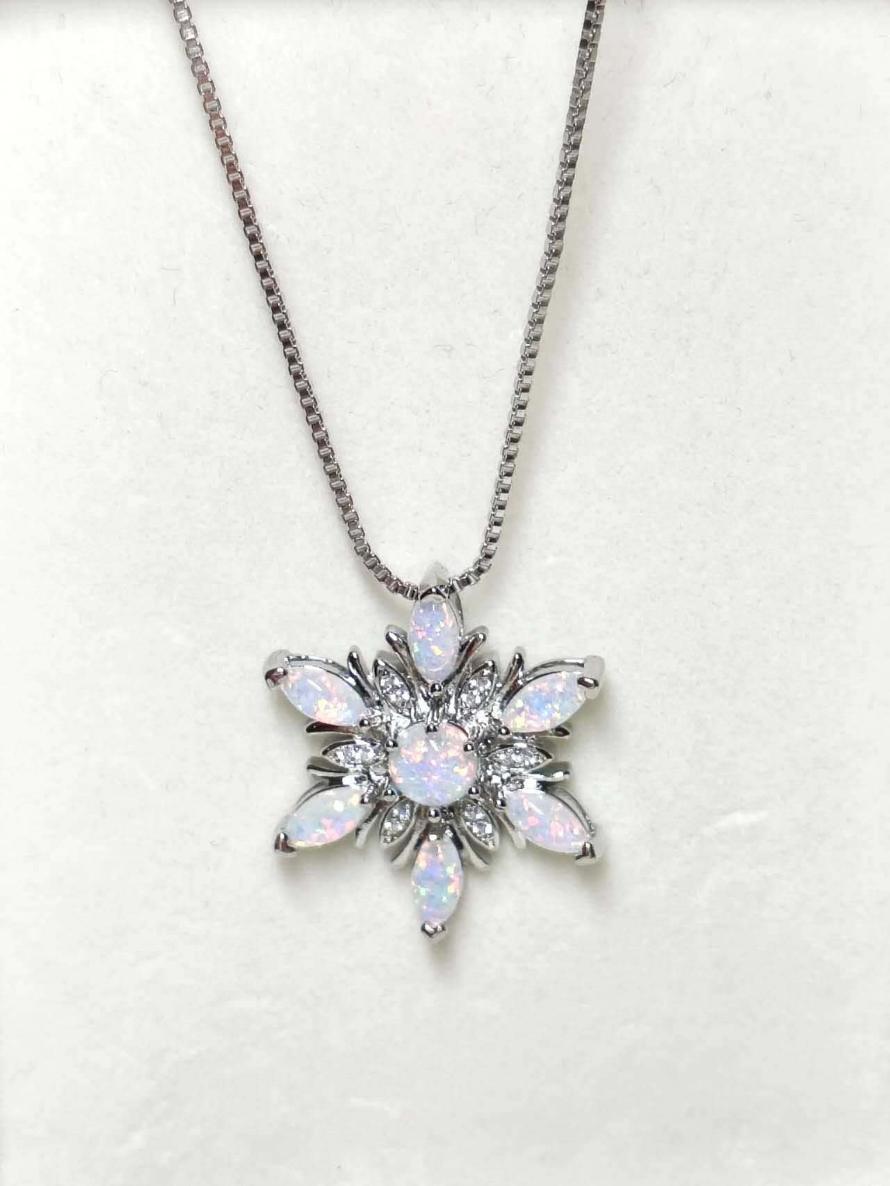 Opal Snowflake Pendant Necklace, 2 Colors, Silver Plated