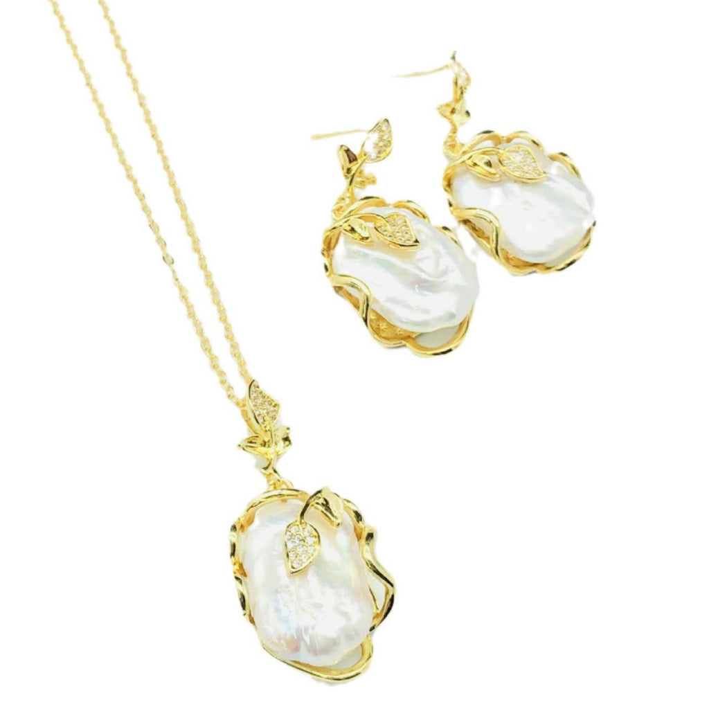 Parure de bijoux en perles baroques plaquées or : Collier, boucles d'oreilles et bague ajustable