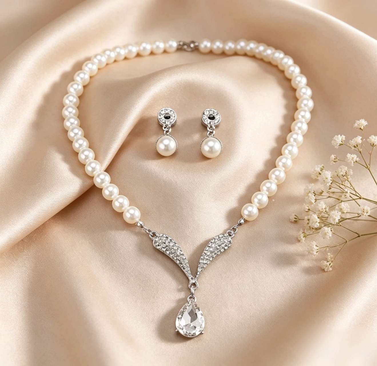 Pearl & Teardrop Crystal Jewelry Set: Necklace & Earrings