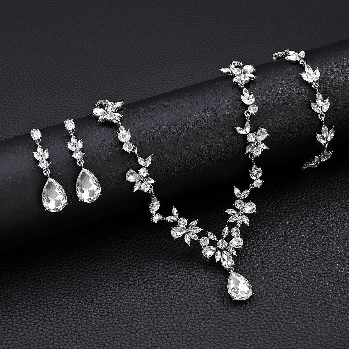 Crystal Floral Jewelry Set: Necklace, Earrings & Bracelet