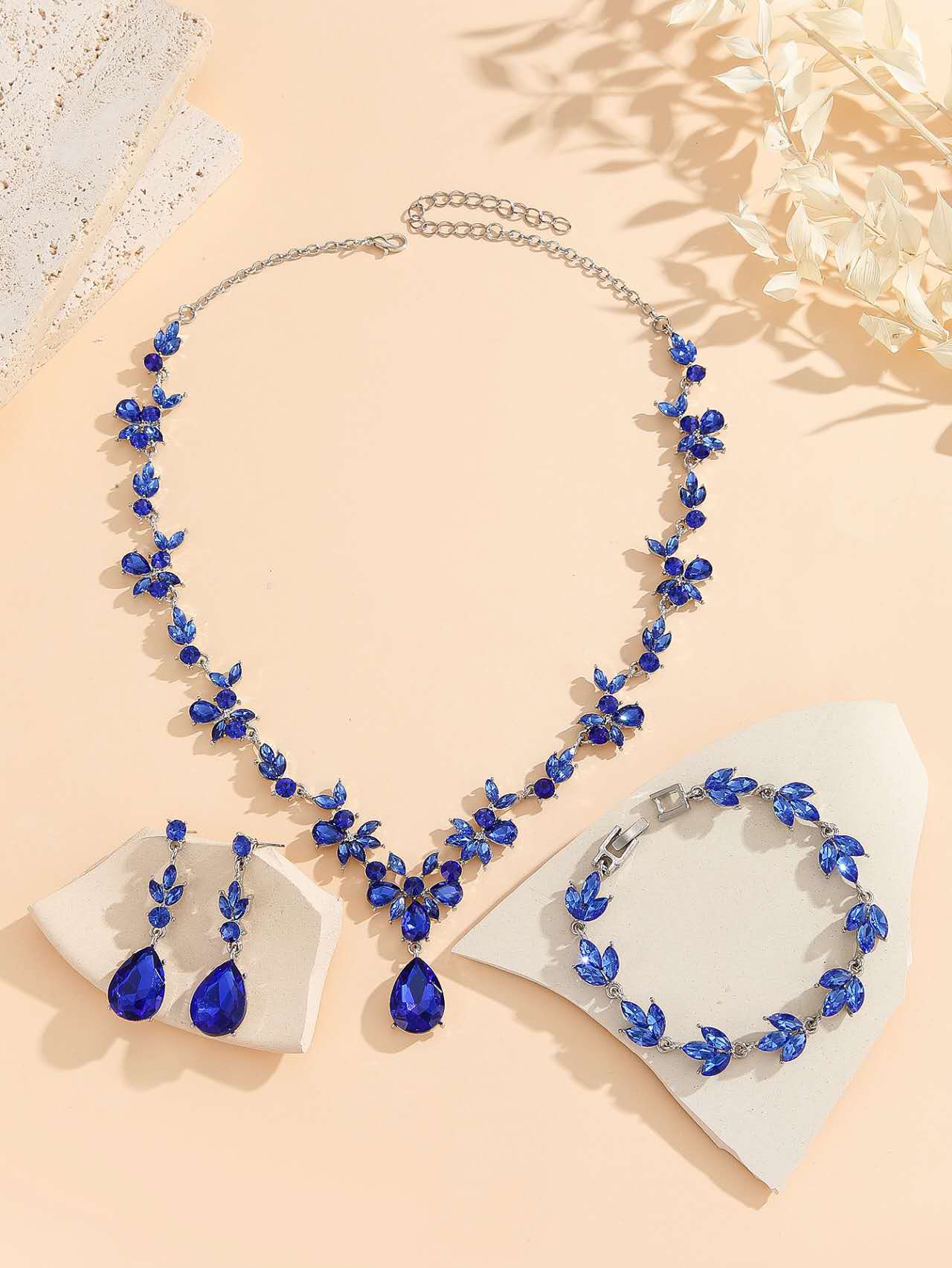 Crystal Floral Jewelry Set: Necklace, Earrings & Bracelet