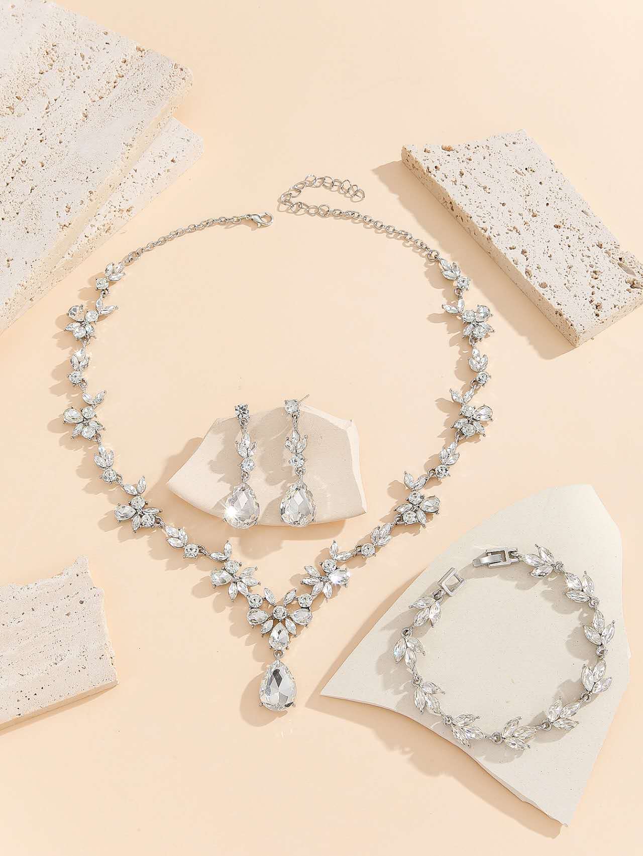 Crystal Floral Jewelry Set: Necklace, Earrings & Bracelet