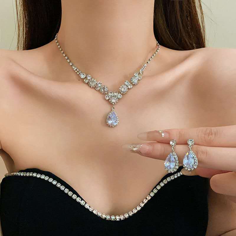 AAA+ Cubic Zirconia Bridal Jewelry Set: Necklace & Earrings, Hypoallergenic