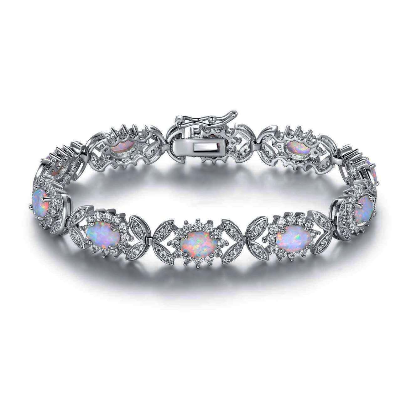 925 Sterling Silver Opal Tennis Bracelet, CZ Halo Floral Link Bracelet