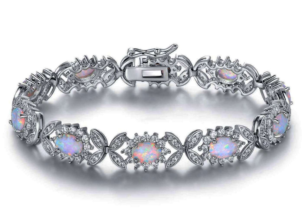 Pulsera de tenis de ópalo de plata de ley 925, pulsera de eslabones florales con halo de circonita cúbica