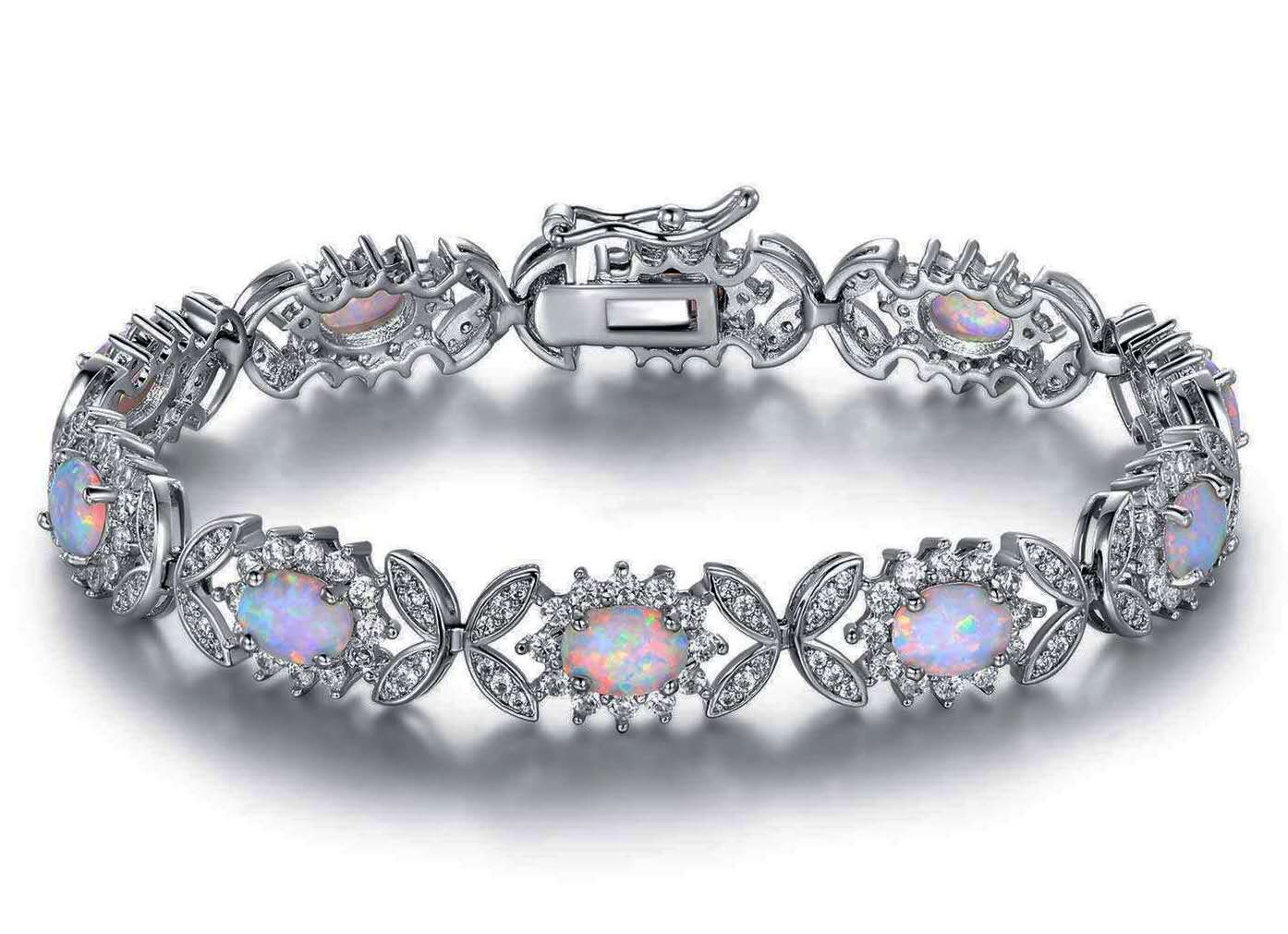 925 Sterling Silver Opal Tennis Bracelet, CZ Halo Floral Link Bracelet
