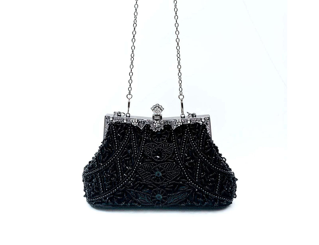 Black Hand Beaded Floral Evening Clutch, Dual-use Top Handle & Chain Formal Wedding Bridal Party Handbag