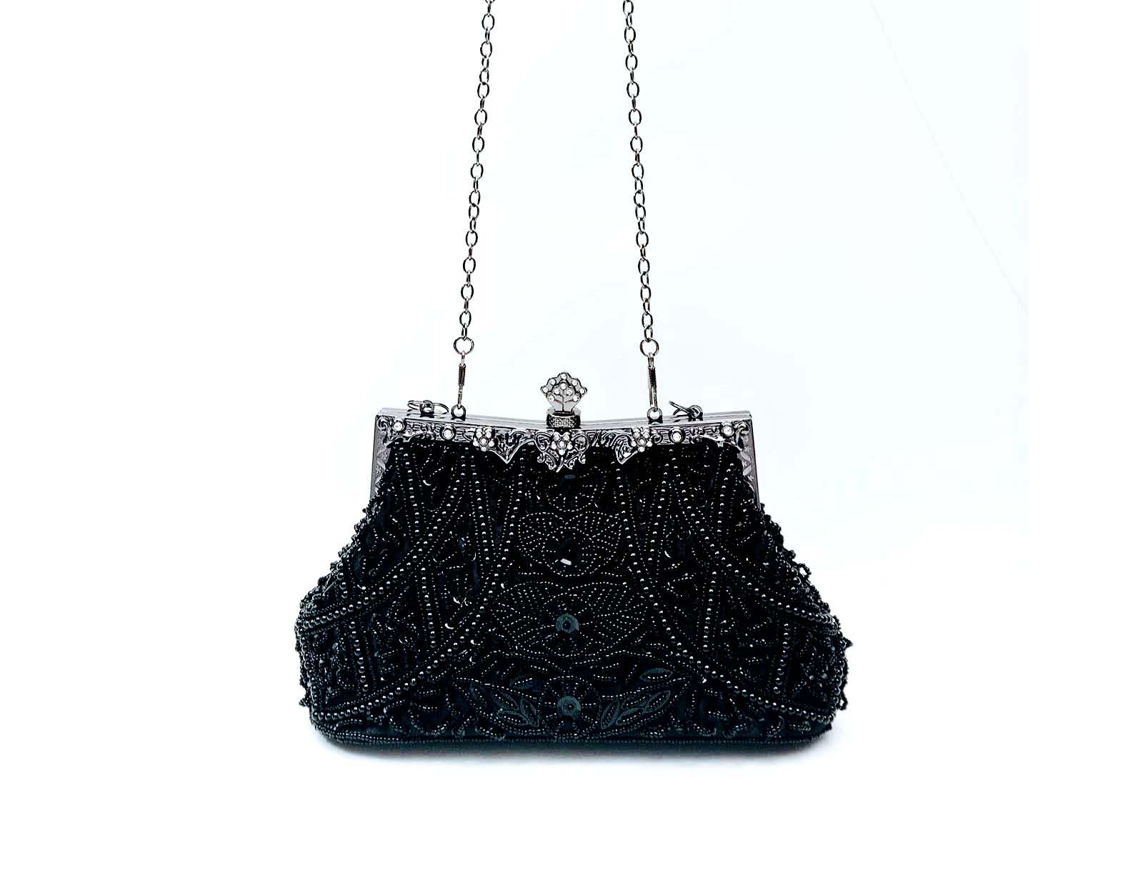 Black Hand Beaded Floral Evening Clutch, Dual-use Top Handle & Chain Formal Wedding Bridal Party Handbag