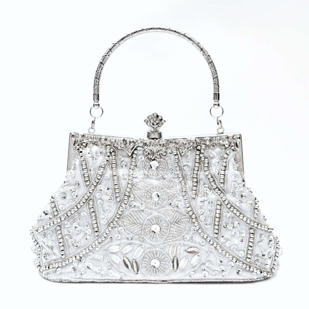 Hand Beaded Rhinestone Floral Evening Clutch Bag, Silver Frame Top Handle Formal Wedding Party Handbag for Bridal