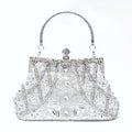 Hand Beaded Rhinestone Floral Evening Clutch Bag, Silver Frame Top Handle Formal Wedding Party Handbag for Bridal